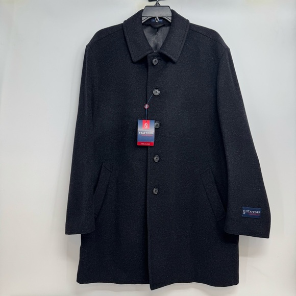 NWT Stafford Performance Wool Coat Mens Size 44 Long Charcoal Peacoat Overcoat